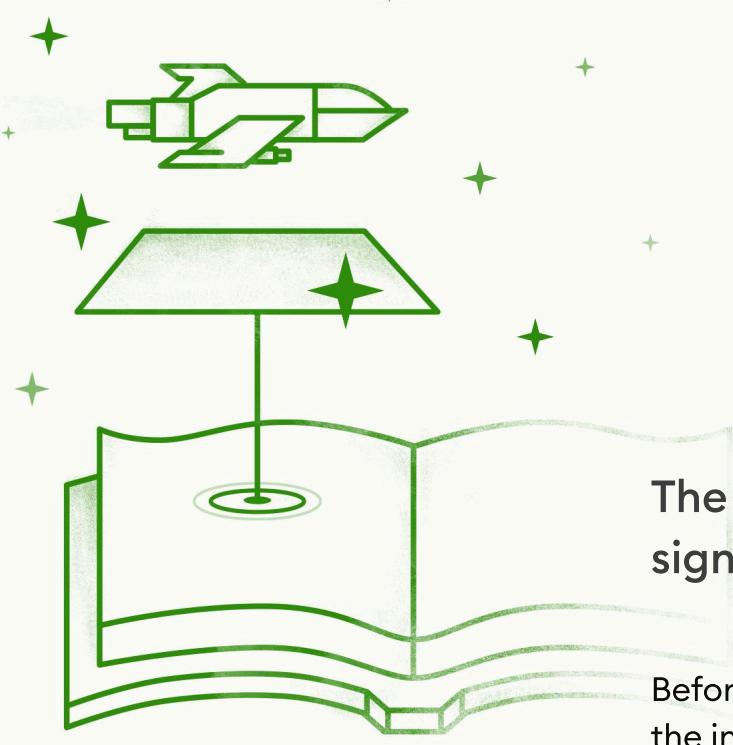 The figure illustrates the results of a text line detection algorithm applied to an image. The image depicts a scene with a lamp, a book, and stars in the background. The algorithm has identified and highlighted specific lines within the image, which are labeled as "The sign" and "Before the in." The detected lines are shown in green, indicating the regions where text is likely to be present. This demonstrates the algorithm's capability to detect and outline text within complex scenes, even when it is not explicitly visible in the image.