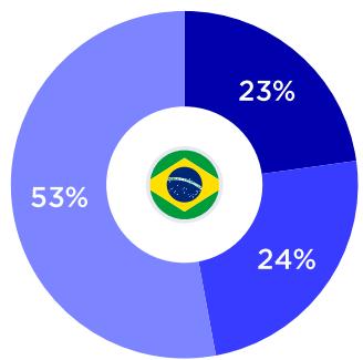 This donut chart illustrates the market share distribution of different segments within the Brazilian gaming industry, with the segments accounting for 53%, 24%, and 23% of the total. The inclusion of the Brazilian flag at the center indicates that the data specifically represents the composition of the gaming landscape in Brazil.