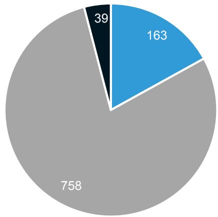 This pie chart illustrates the distribution of a total of 960 items across three categories. The largest category accounts for 758 items, followed by 163 items in the second category, and 39 items in the smallest category.