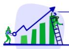 The image displays a blue and green bar graph with two people. One person is on the left side of the graph holding a magnifying glass, and another person is on the right side climbing a ladder to reach the top of the graph. The background is white, and there are no other objects in the image. The style of the image is simple and uncluttered, with a focus on the data being presented.