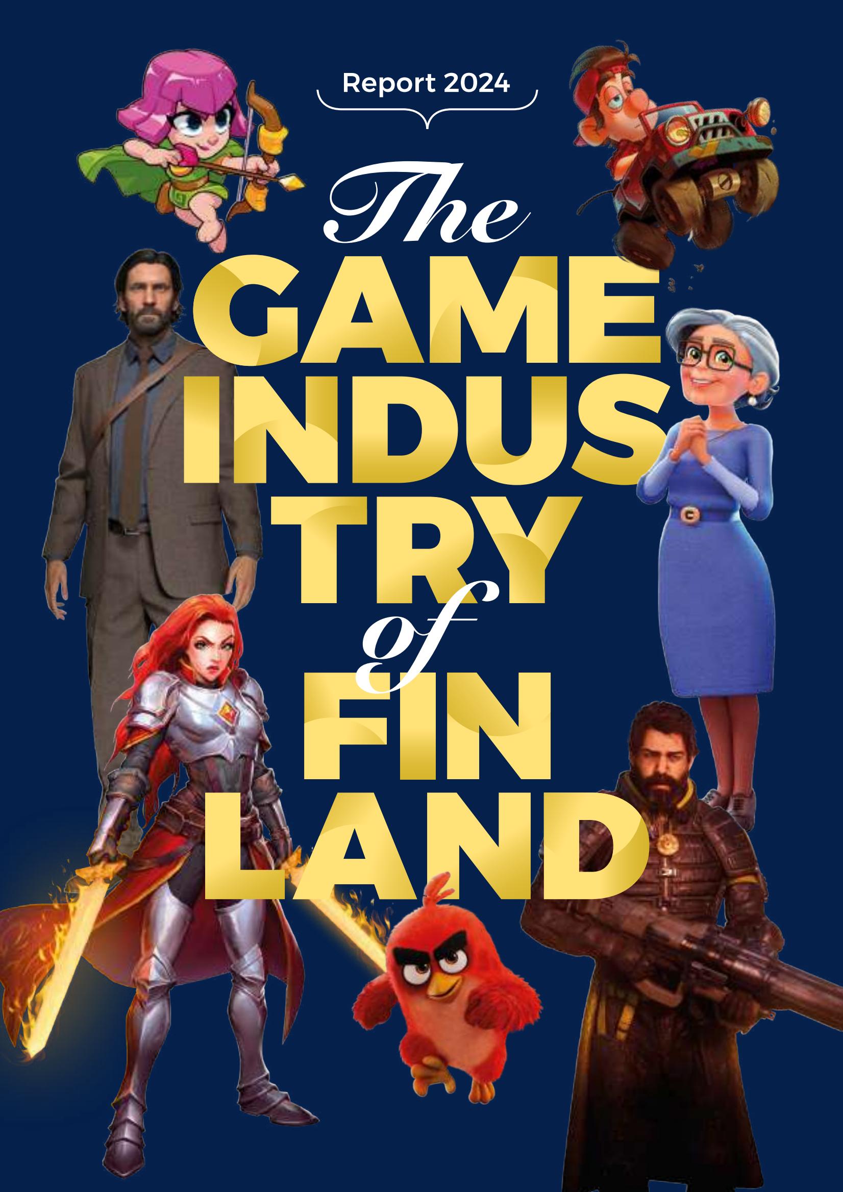The image displays a cover of a video game called "The Game of Fin Land". The background is dark blue with a gradient to black at the top. There are 5 characters from the game on the cover. From left to right, there is a man with brown hair and a beard wearing a black suit and red tie. He has his left hand on his hip, and his right arm is bent with his hand near his head. He has a serious expression on his face. Next to him is a red bird with a yellow beak and black eyes, wearing a brown vest. The bird has its wings spread out and is looking at the man with an angry expression on its face. The third character is a woman with long red hair and green eyes, wearing a white dress. She has her arms crossed in front of her chest and is looking at the man with a stern expression. The fourth character is a man with brown hair, wearing a black suit and red tie. He has his hands clasped in front of him and is looking at the man with a determined expression. The final character on the right is a woman with short brown hair and blue eyes, wearing a white dress. She has her hands clasped in front of her chest and is looking at the man with a hopeful expression. The title of the game, "The Game of Fin Land", is displayed at the top of the cover in yellow text. The words "Report 2024" are displayed below the title in white text.