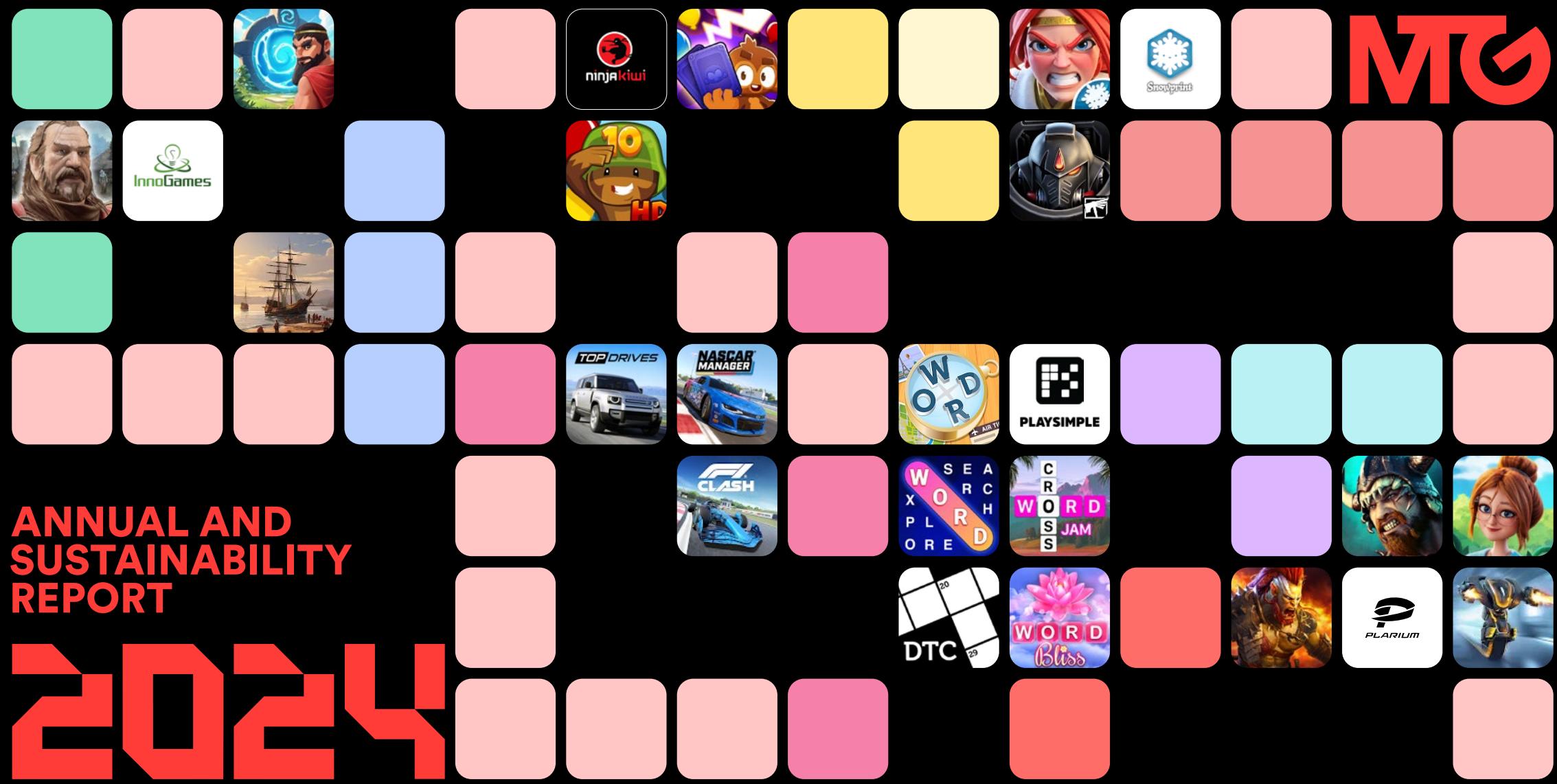 This image displays a grid-based collage of various mobile game icons, developer logos, and branding elements, likely representing the portfolio or partner network of a gaming company featured in their 2024 annual and sustainability report. The layout serves as a visual showcase of the diverse titles and studios associated with the organization.
