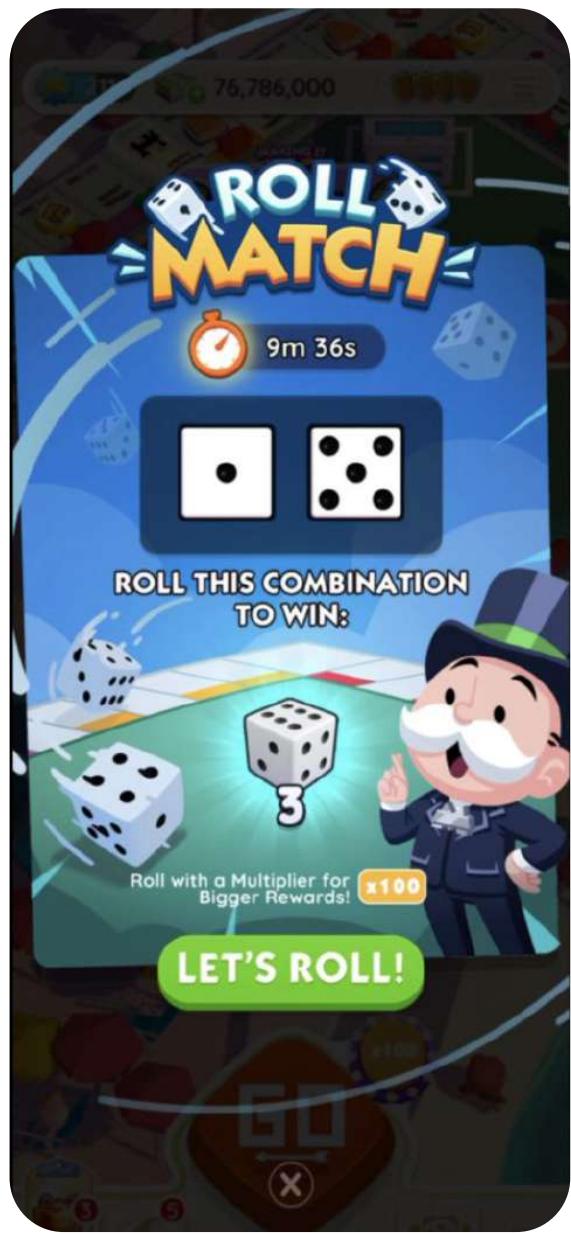 The image displays a mobile game app with a blue background and white text. There is an illustration of a man in the center, wearing a suit and tie, with his right hand raised. He has a surprised expression on his face. There are two dice in the upper left corner of the image, and a green button with white text that reads "Let's Roll!" in the lower right corner. The background is a light blue color, with a subtle gradient from top to bottom.