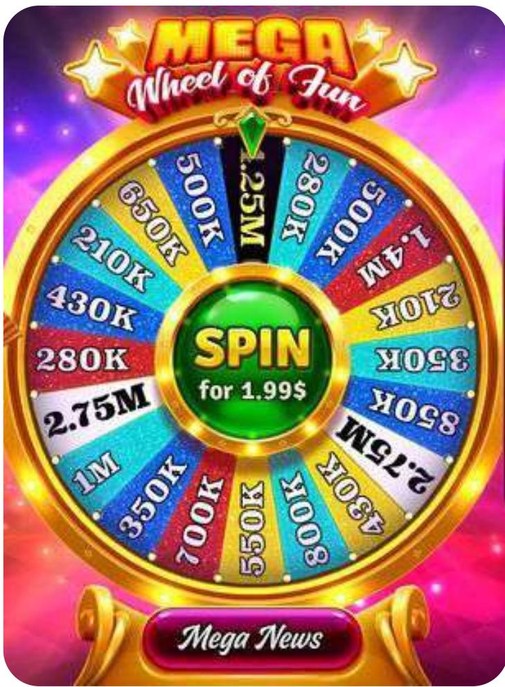 The image displays a slot machine with the title "MEGA Wheel of Fortune." The wheel is divided into 12 equal sections, each with a different number. The numbers range from 1 to 12 and are arranged in a circular pattern around the wheel. Each number is accompanied by a corresponding prize amount, which is displayed in red text next to the number. The prizes range from 0.00 to 1.99 million dollars, with some numbers having a multiplier of 1000 (e.g., 1.99M). The wheel is set against a colorful background with stars and sparkles, giving it a vibrant and eye-catching appearance. The overall design of the slot machine is bright and engaging, designed to attract players with its large, bold text and eye-catching colors.