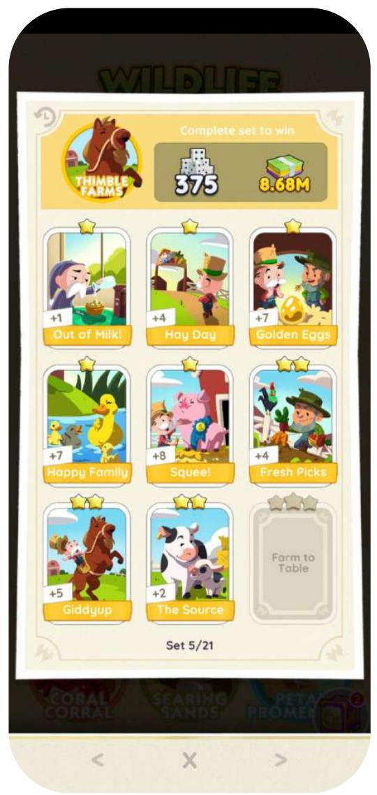 The image displays a mobile phone with an app open, showing a game. The game is called "WILD LIFE" and the player has completed 375 out of a total of 1,000. The game is set to win and has a gold coin counter that shows the player has 8,680 coins. The game is set to "Out of Milk", "Hay Day", and "Golden Eggs". There are 5 different animals in the game, each with a unique name. The player has collected 4 of these animals and is currently in the "Giddyup" stage. The game has a cartoon style, with bright colors and simple shapes.