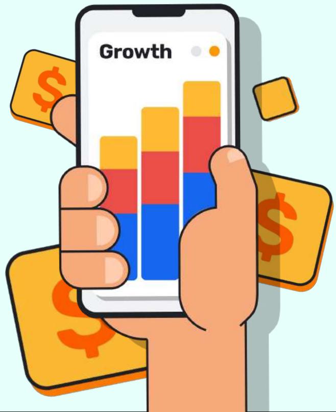 The image shows a hand holding a smartphone with the word "Growth" on the screen. The background of the image is white, and there are several gold coins scattered around the hand holding the phone.