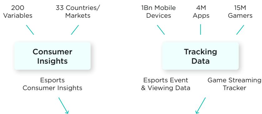 This image from a game industry report illustrates two main categories of data: "Consumer Insights" and "Tracking Data." Consumer Insights are derived from 200 variables across 33 countries/markets, leading to "Esports Consumer Insights." Tracking Data is gathered from 1 billion mobile devices, 4 million apps, and 15 million gamers, contributing to "Esports Event & Viewing Data" and "Game Streaming Tracker."