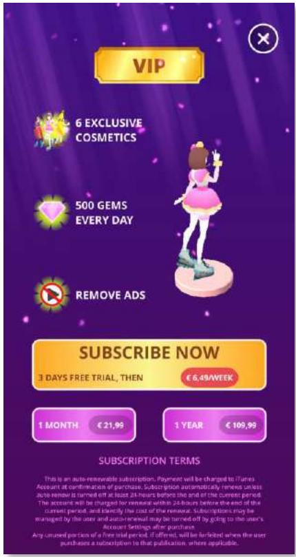 The image displays a webpage with a purple background and white text. There is a cartoon character of a girl in the center of the page. She has brown hair and blue eyes, and is wearing a pink dress with white sleeves and a yellow skirt. She is standing on a small, round platform that has the word 'VIP' written on it in white. There is text at the top of the page that says "6 Exclusive Cosmetics" and a button below it that says "Subscribe Now". There is also text at the bottom of the page that says "1 Month, 21.99, 1 Year, 109.99".