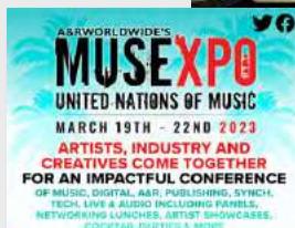A poster for a music conference called MUSE XPO. The poster has a blue background with white and red text, featuring the names of the speakers and the date and location of the event.