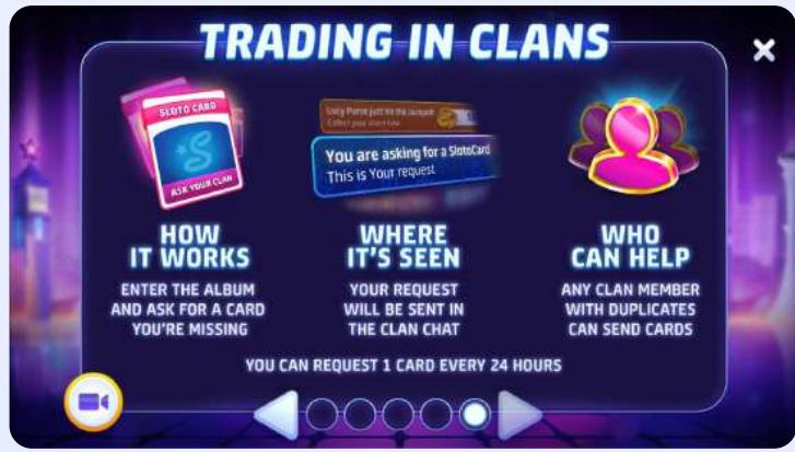 A screenshot of a trading card game app. The app is called "Trading in Clans". There are three cards displayed on the screen. The first card is a slot card, the second card is a question card, and the third card is an answer card. The slot card has a picture of a slot machine on it, the question card has a picture of a question mark on it, and the answer card has a picture of a person on it. The background of the app is purple, and there are some buttons at the bottom of the screen.