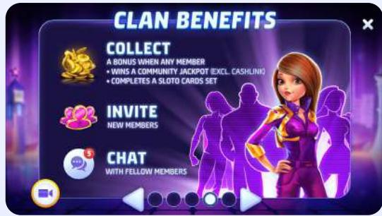 A screenshot of a mobile game app with a purple background and white text. There is a picture of a woman in the center, wearing a purple outfit with yellow accents and a black mask. She is standing with her arms crossed in front of her, looking at the camera with a confident expression. There are 3 icons on the left side of the screen, each with an icon and a description. The first icon is a gold coin with the text "Collect" below it. The second icon is a pink heart with the text "Invite" below it. The third icon is a chat bubble with the text "Chat" below it. On the right side of the screen, there is a picture of a group of people with purple outlines. There are 5 people in the group, all wearing different colored outfits and standing close together. The text "Benefits" is at the top of the screen, and there are 4 buttons below it. The first button has a picture of a trophy with the text "Collect" below it. The second button has a picture of two people with the text "Invite" below it. The third button has a picture of a chat bubble with the text "Chat" below it. The fourth button has a picture of a person with the text "Benefits" below it.