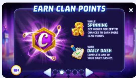 A screenshot of a mobile game called "Earn Clan Points". The background is purple with a glowing white circle in the center. There are two icons on the left side of the screen, one is a purple circle with a white "C" in it, and the other is a blue square with a white checkmark. There are two icons on the right side of the screen, one is a blue circle with a white "X" in it, and the other is a green square with a white checkmark. There are also two buttons at the bottom of the screen, one is a blue circle with a white "4" in it, and the other is a green square with a white checkmark. The text at the top of the screen says "Earn Clan Points".