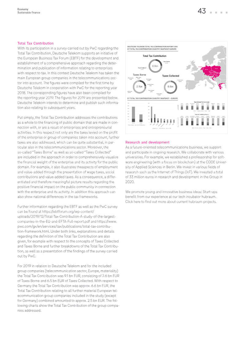 The figure illustrates the total tax contribution of the European Business Tax Forum (EBTF) for 2019, as reported by Deutsche Telekom