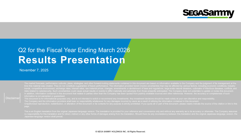 Cover of Sega Sammy Holdings Q2 FY2026 Results Presentation