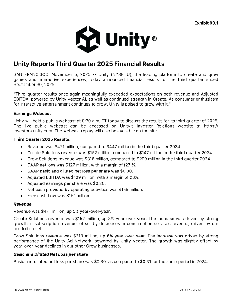 Cover of Unity Reports Third Quarter 2025 Financial Results