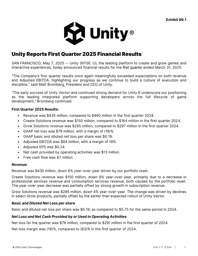 Cover of Unity Reports First Quarter 2025 Financial Results