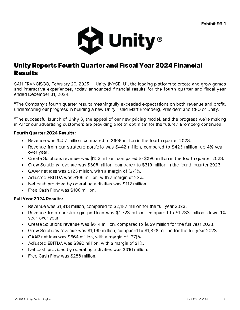Cover of Unity Reports Fourth Quarter and Fiscal Year 2024 Financial Results