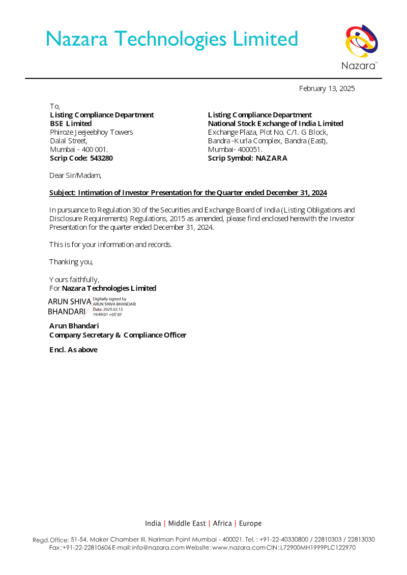 Cover of Nazara Technologies Investor Presentation: Quarter Ended December 31, 2024