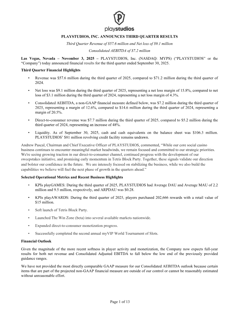 Cover of PLAYSTUDIOS Q3 2025 Financial Results