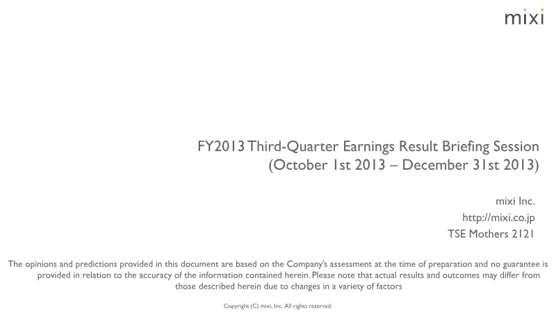 Cover of Mixi FY2013 Third-Quarter Earnings Result Briefing Session