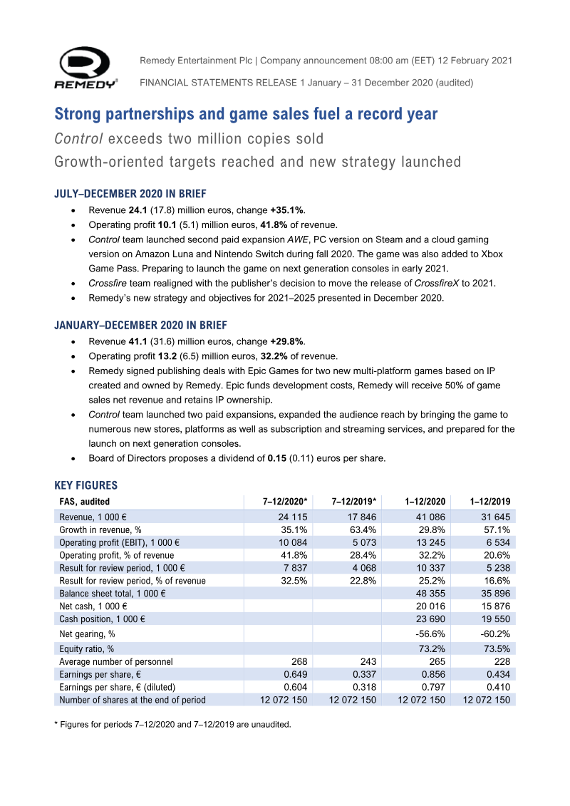 Cover of Remedy Entertainment Financial Statements Release 2020