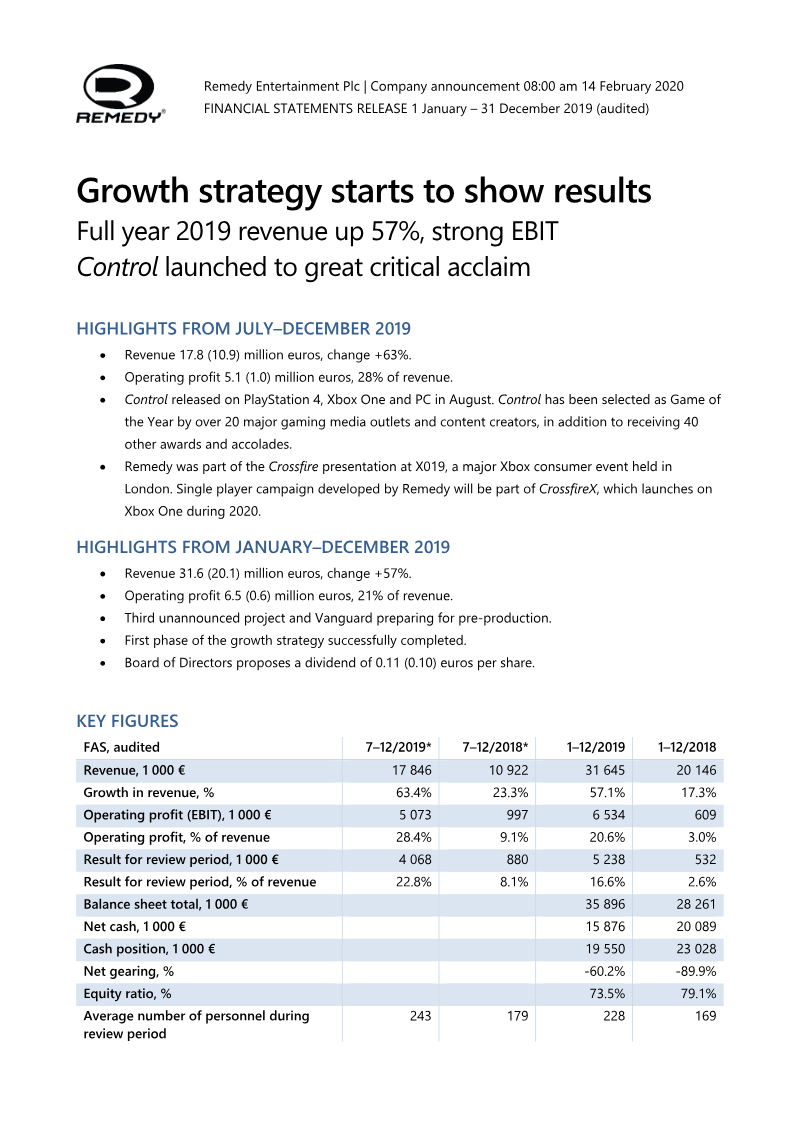 Cover of Remedy Entertainment Financial Statements Release 2019
