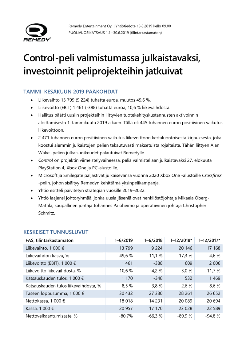 Cover of Puolivuosikatsaus 1.1.–30.6.2019: Remedy Entertainment