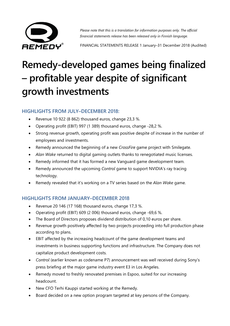 Cover of Remedy Financial Statements Release 2018