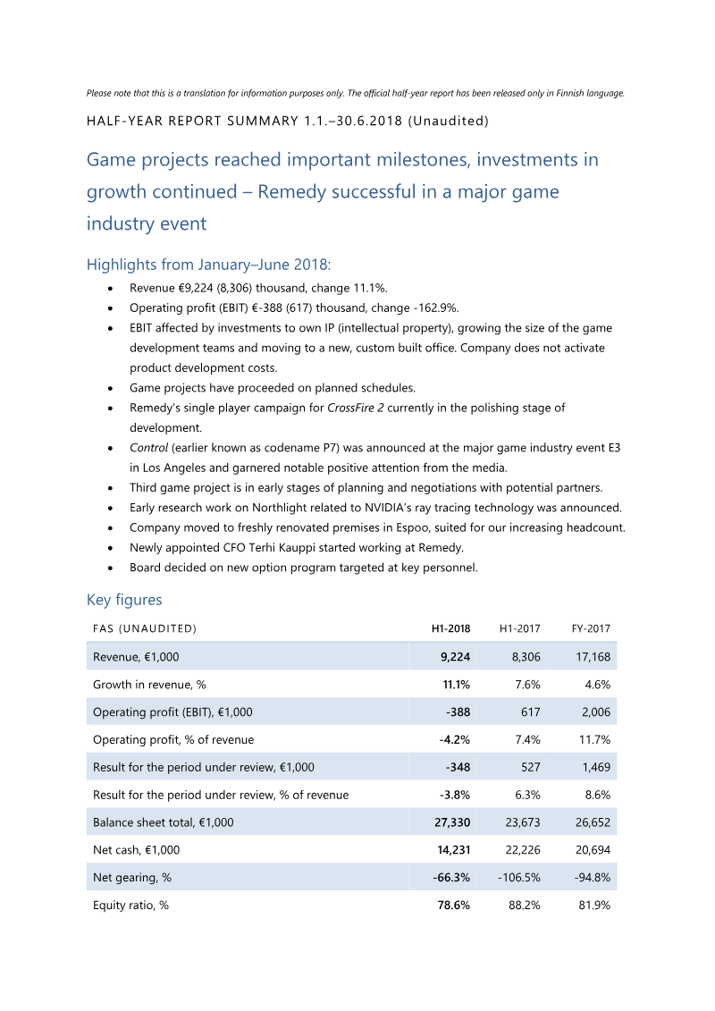 Cover of Remedy Half-Year Report 2018