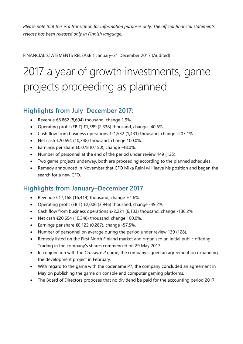 Cover of Remedy Financial Statements Release 2017