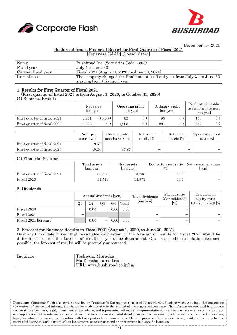 Cover of Bushiroad Financial Report: First Quarter of Fiscal 2021