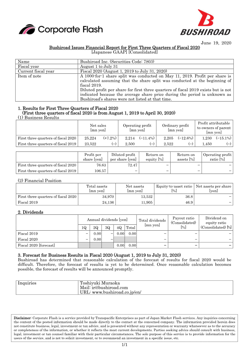 Cover of Bushiroad Financial Report for First Three Quarters of Fiscal 2020