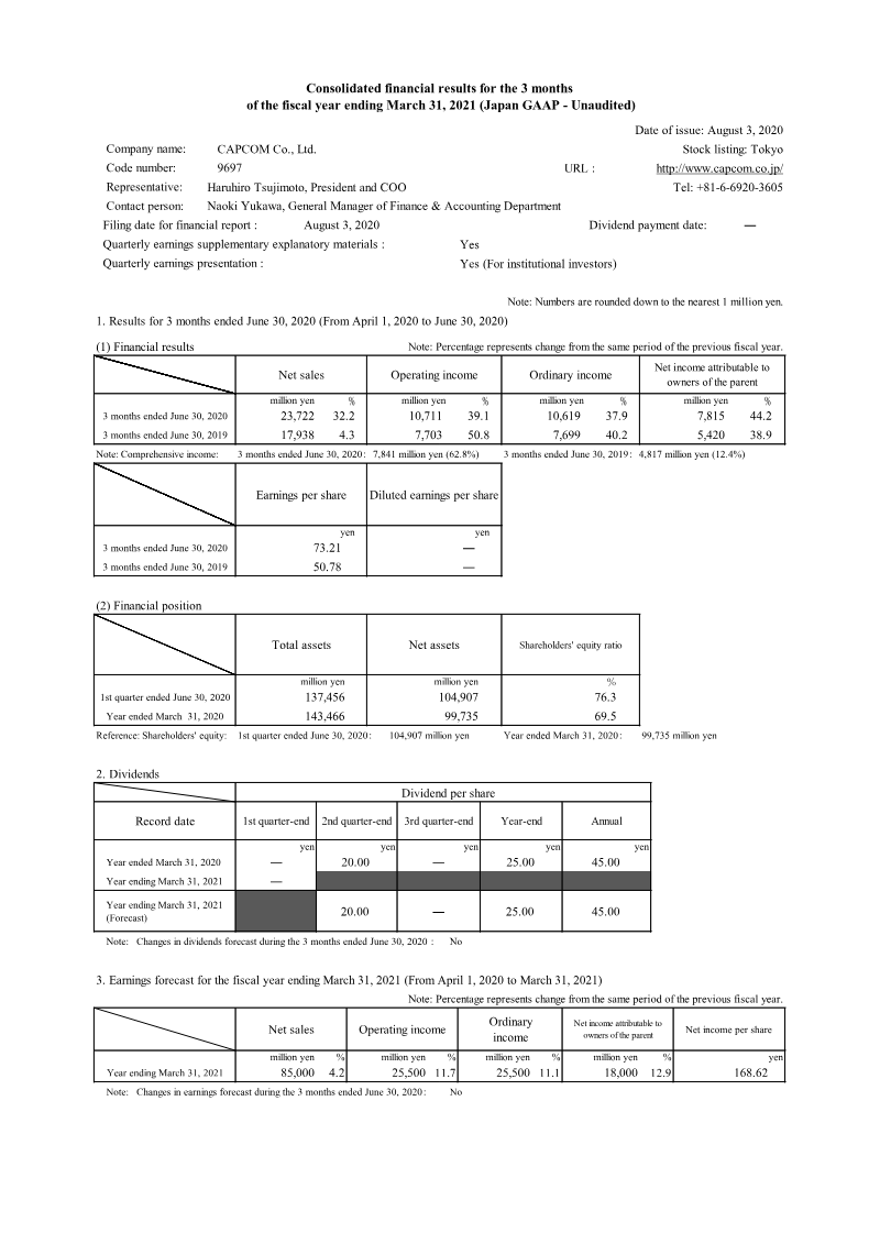 Cover of Capcom Consolidated Financial Results: Q1 Fiscal Year Ending March 31, 2021