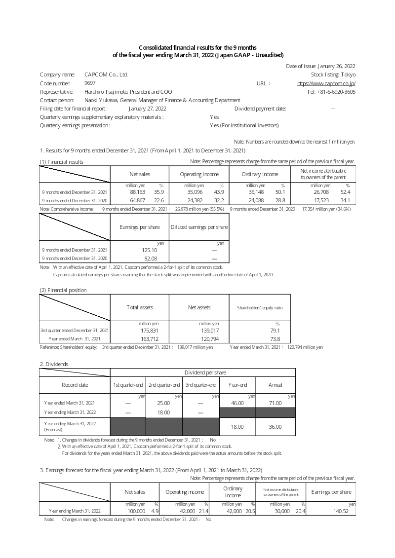 Cover of Capcom Consolidated Financial Results: 9 Months Fiscal Year 2022