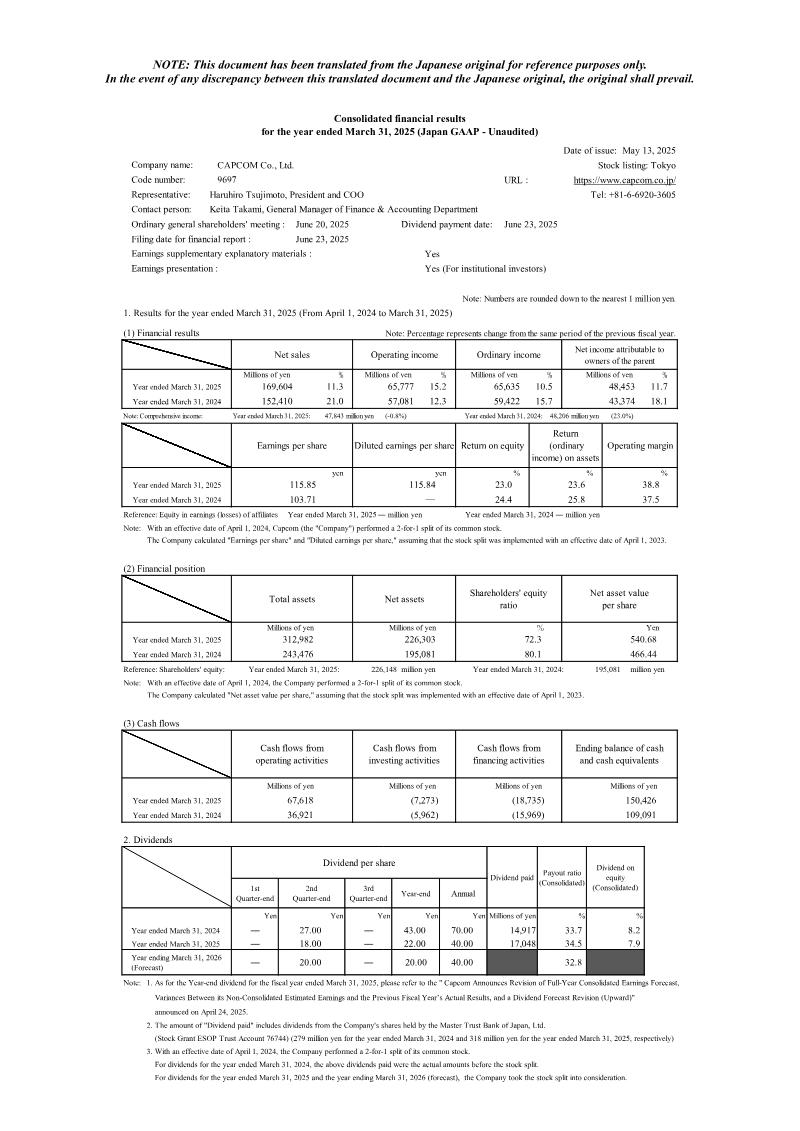 Cover of Capcom Consolidated Financial Results: Year Ended March 31, 2025