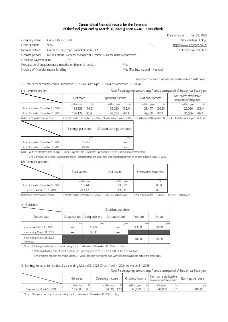 Cover of Capcom Consolidated Financial Results: 9 Months Fiscal Year Ending March 31, 2025