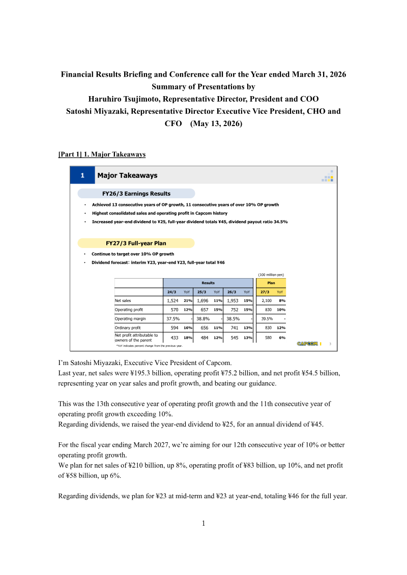 Cover of Capcom Financial Results Briefing and Conference Call