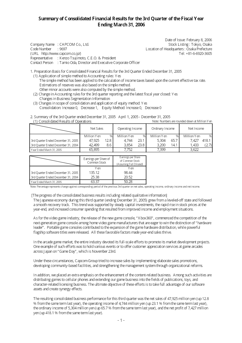 Cover of Capcom Summary of Consolidated Financial Results for the 3rd Quarter: Fiscal Year Ending March 31, 2006