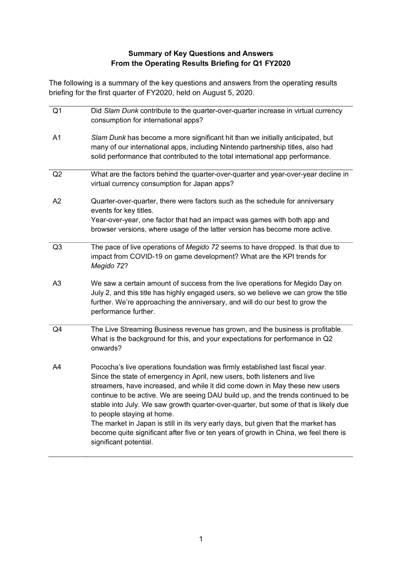 Cover of DeNA Q1 FY2020 Financial Results: Q&A Summary