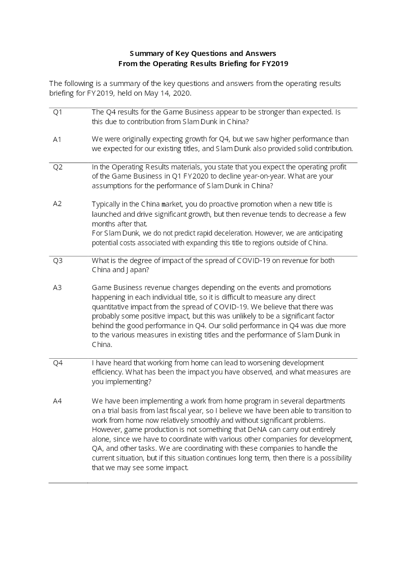 Cover of DeNA FY2019 Results Briefing: Q&A Summary