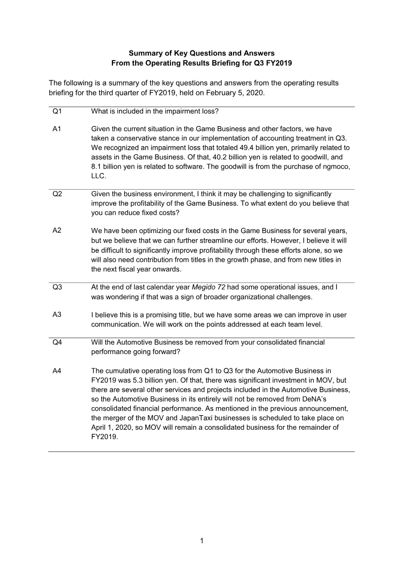 Cover of DeNA Q3 FY2019 Results Briefing: Q&A Summary