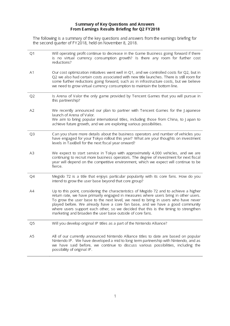 Cover of DeNA Q2 FY2018 Earnings Results: Summary of Key Questions and Answers