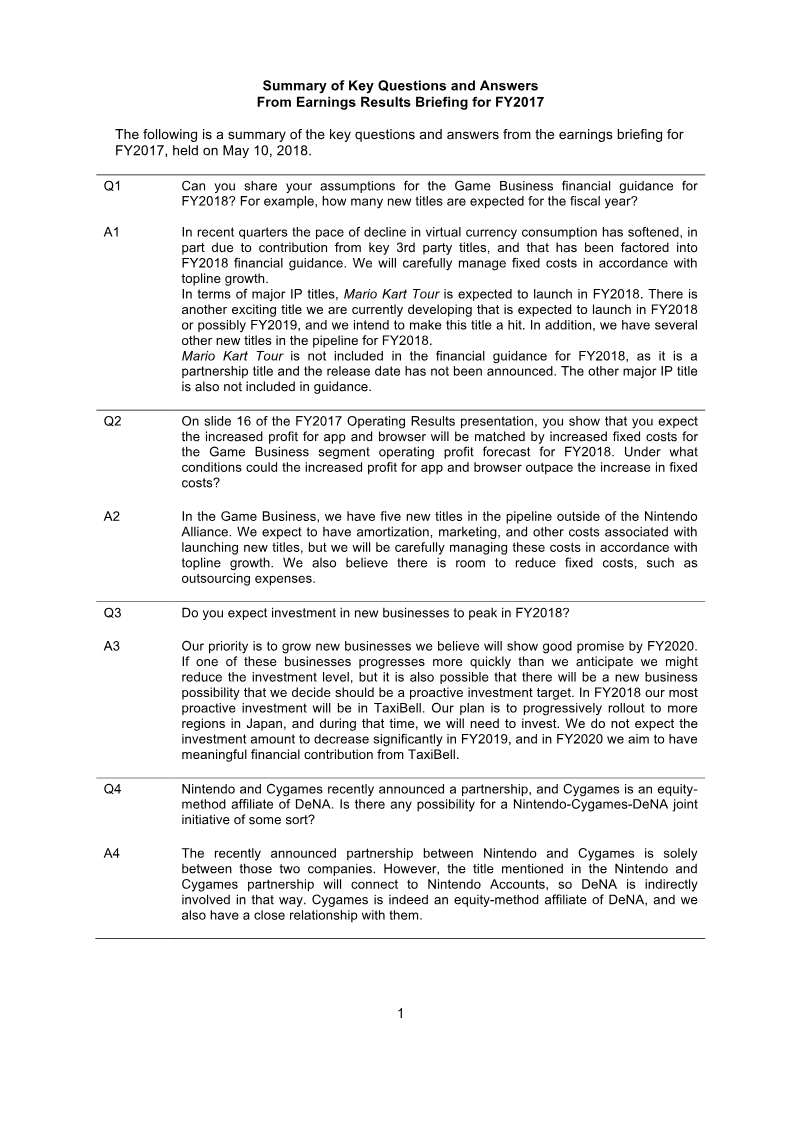 Cover of DeNA FY2017 Earnings Results Briefing: Q&A Summary