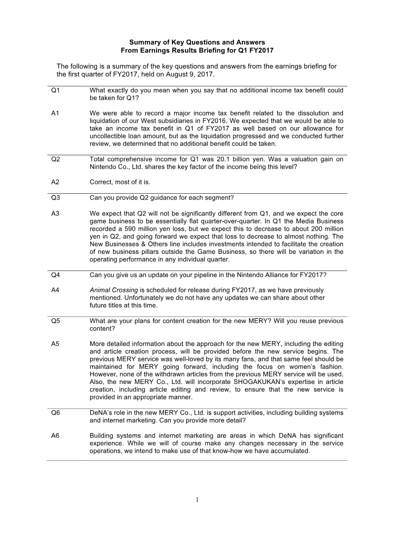 Cover of DeNA Q1 FY2017 Earnings Results Briefing: Summary of Key Questions and Answers