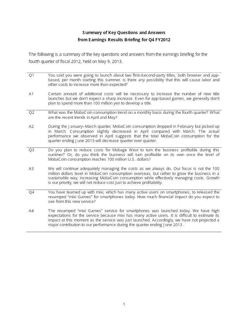 Cover of DeNA Q4 FY2012 Earnings Results Briefing: Q&A Summary