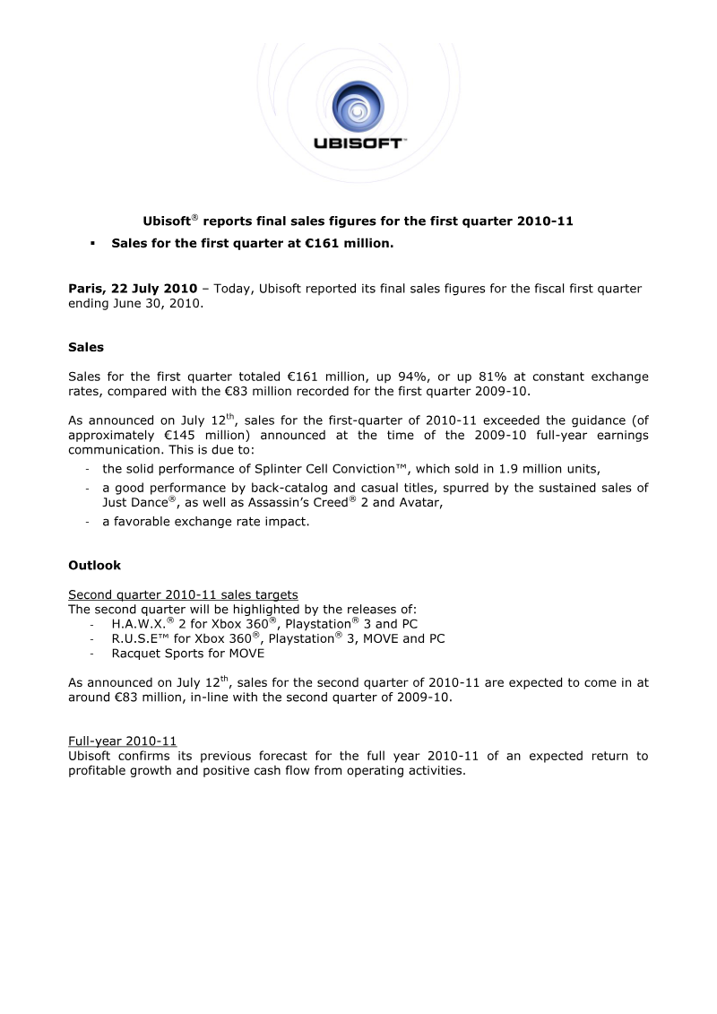 Cover of Ubisoft First Quarter 2010-11 Sales Results