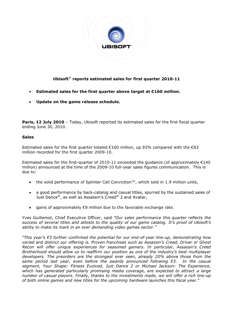 Cover of Ubisoft Reports Estimated Sales for First Quarter 2010-11