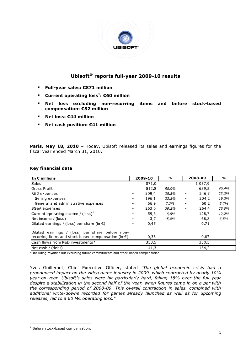 Cover of Ubisoft Full-Year 2009-10 Results