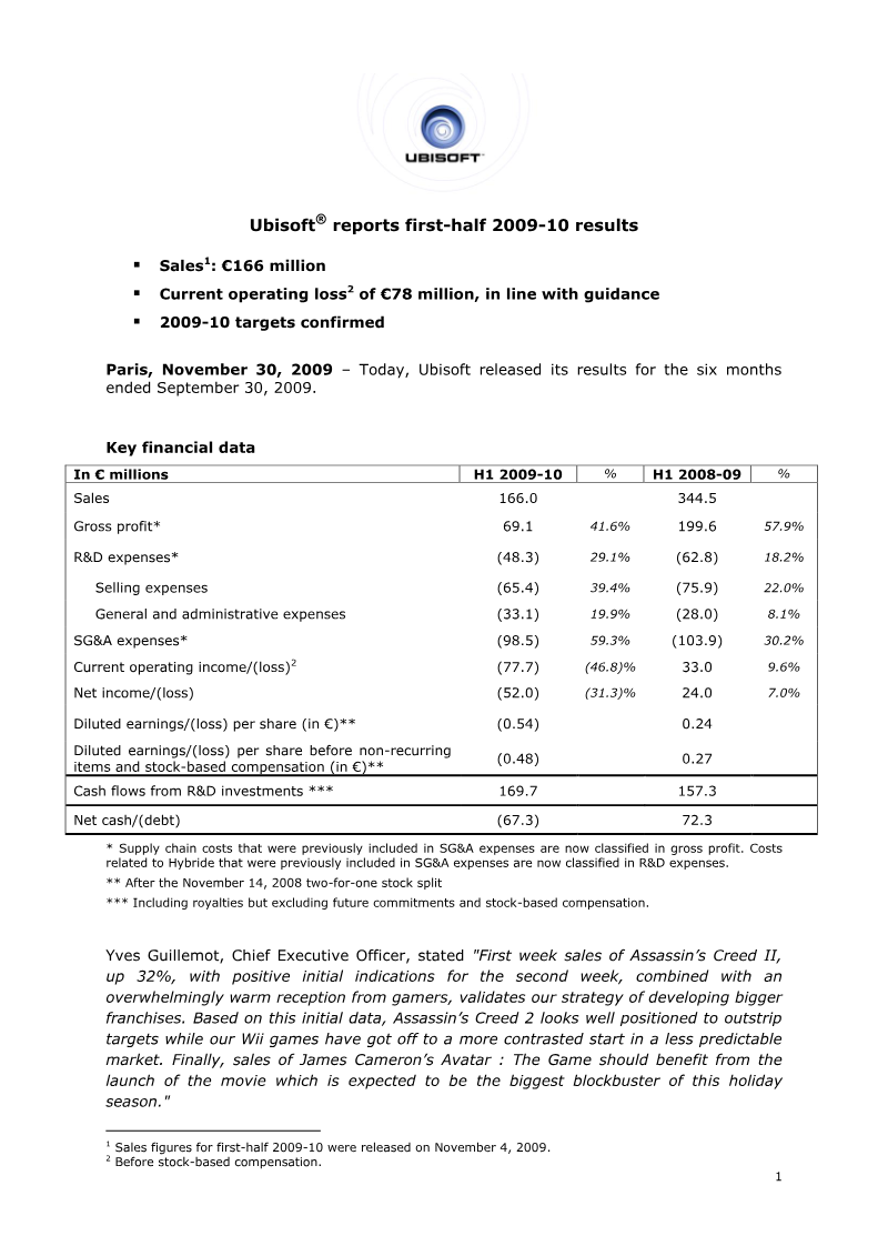 Cover of Ubisoft First-Half 2009-10 Results