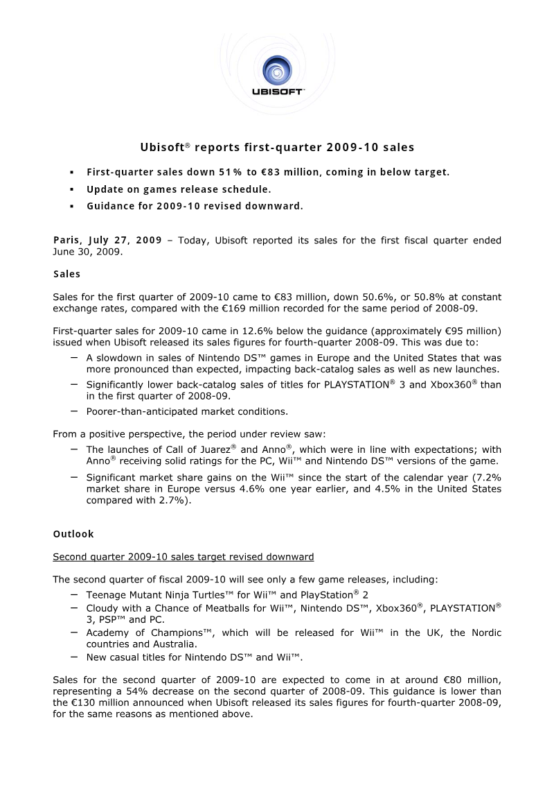 Cover of Ubisoft Reports First-Quarter 2009-10 Sales